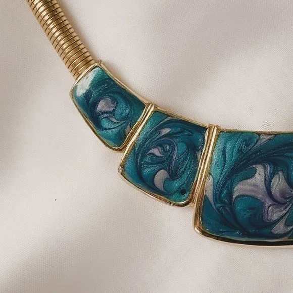 Vintage Art Deco Blue Swirl Enamel Gold Collar Omega Chain Statement Necklace - Picture 3 of 8
